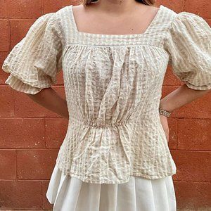 Beige Gingham Seersucker Top